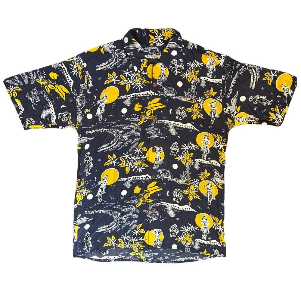 Avanti | Vintage Women's Silk Hula Moon Dancer Print Navy Aloha Short Sleeve XS